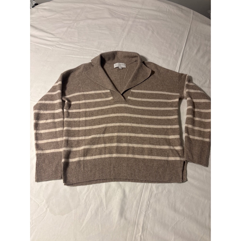 Design 365 Cashmere Sweater Womens XS Taupe Striped Excellent V-Neck Pullover